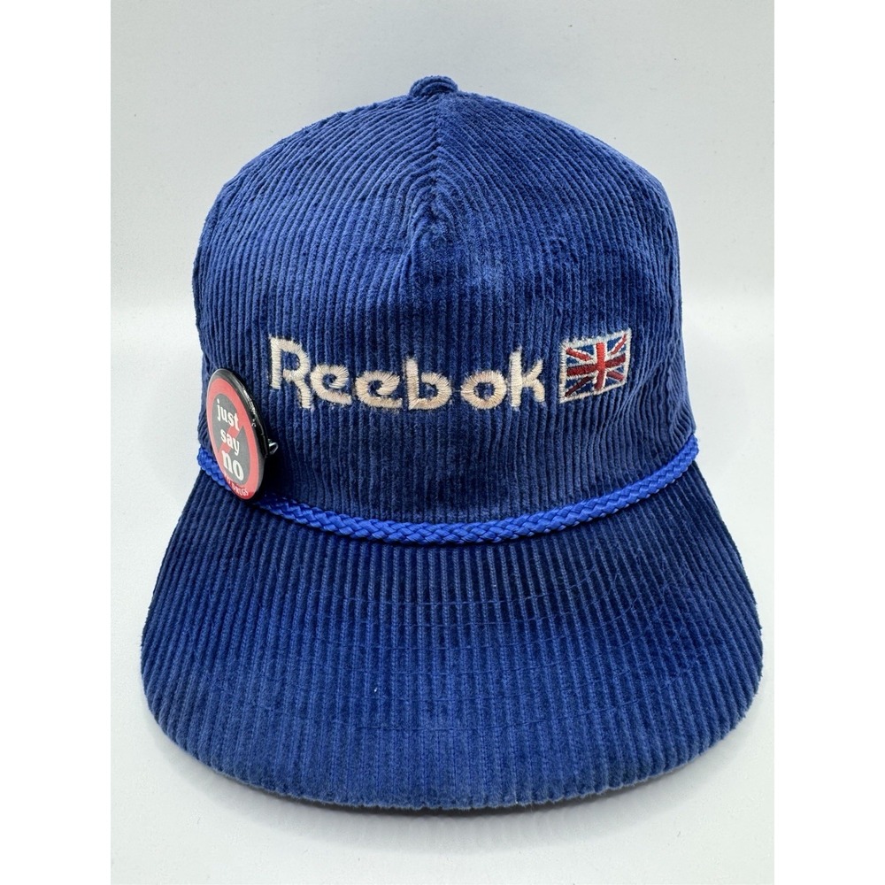 VTG Reebok Corduroy Snapback Hat Blue Rope Union Jack Made in Korea w/ Pin